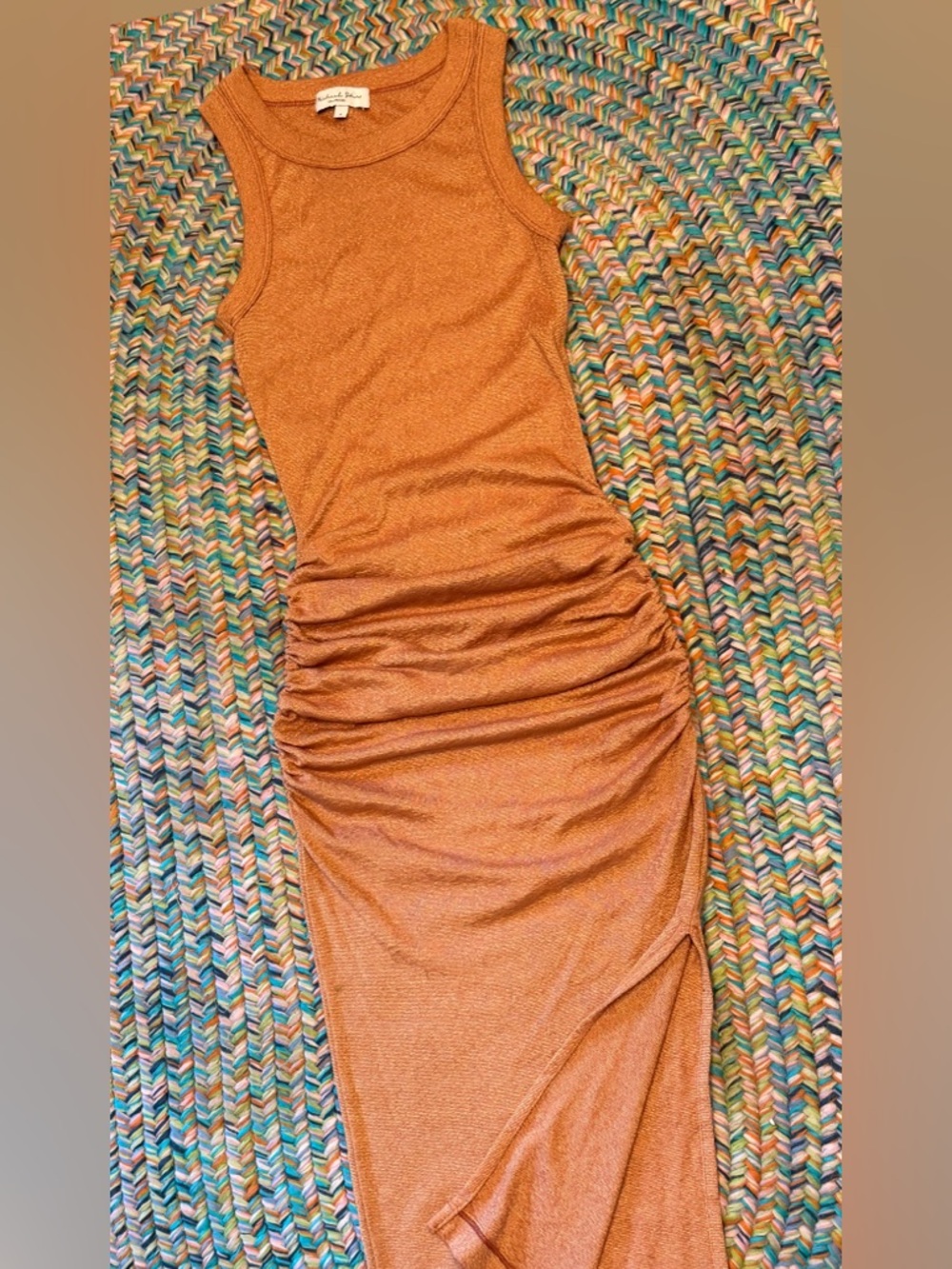Michael Stars Metallic Copper-Orange Ribbed maxi S w slit & scrunchy waist